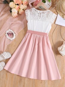 SHEIN Chicas Vestido con cinturón con encaje en contraste ribete con fruncido - Multicolor - Ver 2