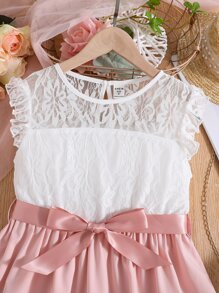 SHEIN Chicas Vestido con cinturón con encaje en contraste ribete con fruncido - Multicolor - Ver 3