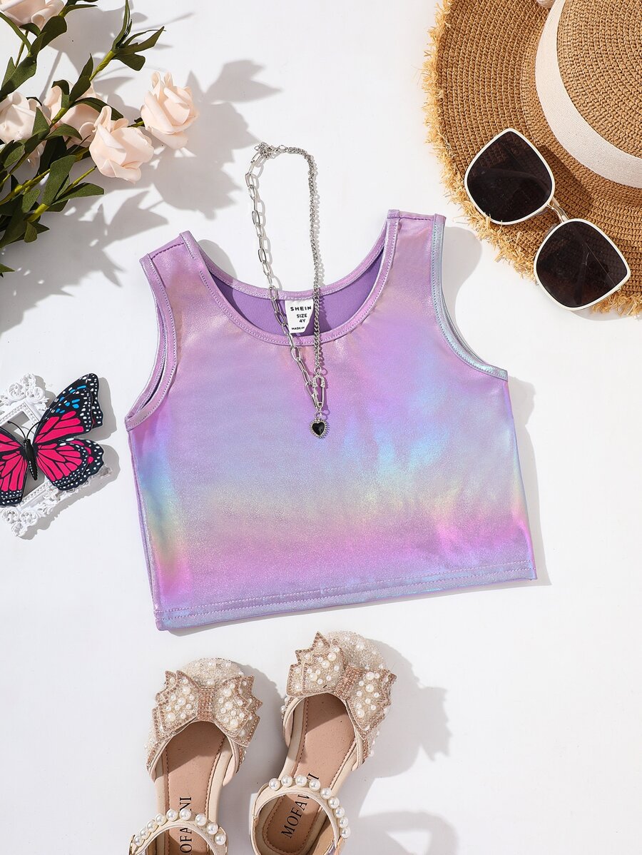 SHEIN Young Girl Casual & Cute Colorful & Sparkly Sleeveless Round Neck Crop Top, For Streetwear, Surfing, Holiday, Performance, Festival In Spring And Summer - Multicolor - View 1