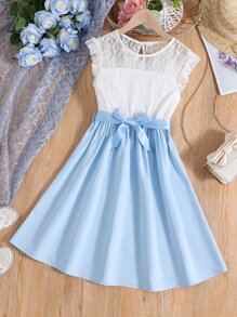 Đầm Gái Tương phản ren Xù Khối Màu Dễ thương - Xanh và trắng - Xem 1