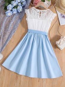 Đầm Gái Tương phản ren Xù Khối Màu Dễ thương - Xanh và trắng - Xem 2