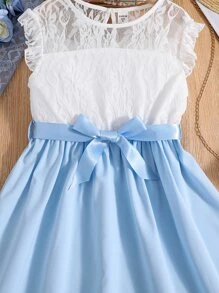 Đầm Gái Tương phản ren Xù Khối Màu Dễ thương - Xanh và trắng - Xem 4