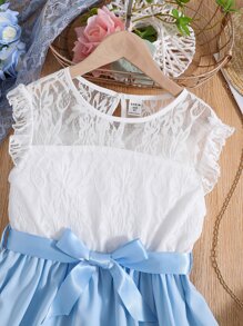 Đầm Gái Tương phản ren Xù Khối Màu Dễ thương - Xanh và trắng - Xem 5