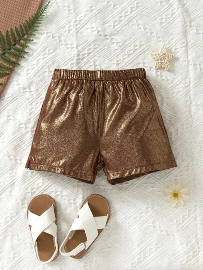 Young Girl Solid Color Elastic Waist Metallic Color Shorts