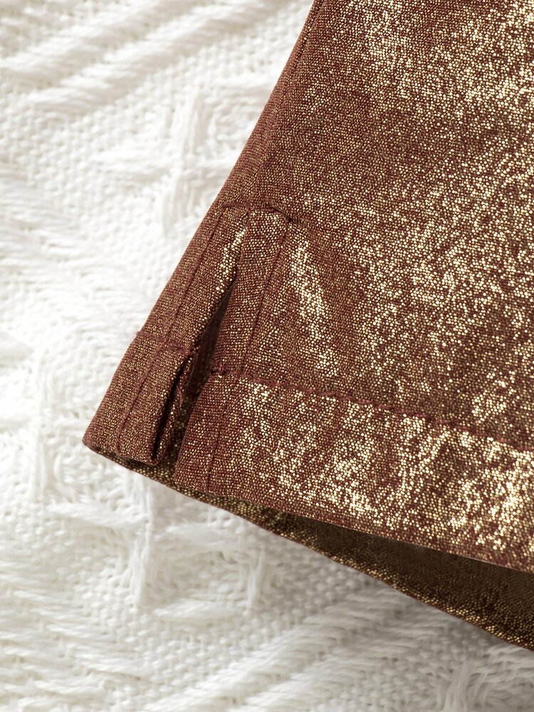 Young Girl Solid Color Elastic Waist Metallic Color Shorts - Bronze - View 4