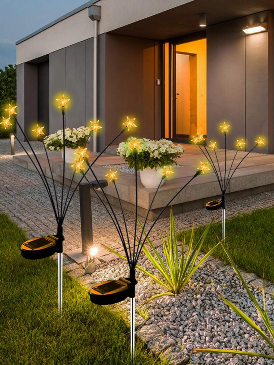 1 pieza Lámpara de césped solar de plástico, luz solar para caminos con diseño de estrella para exteriores, iluminación de jardín exterior para senderos, patios y jardines - Amarillo - Ver 1