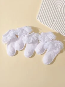 Niñas 5 pares Calcetines de tripulación ribete con fruncido - Blanco - Ver 1