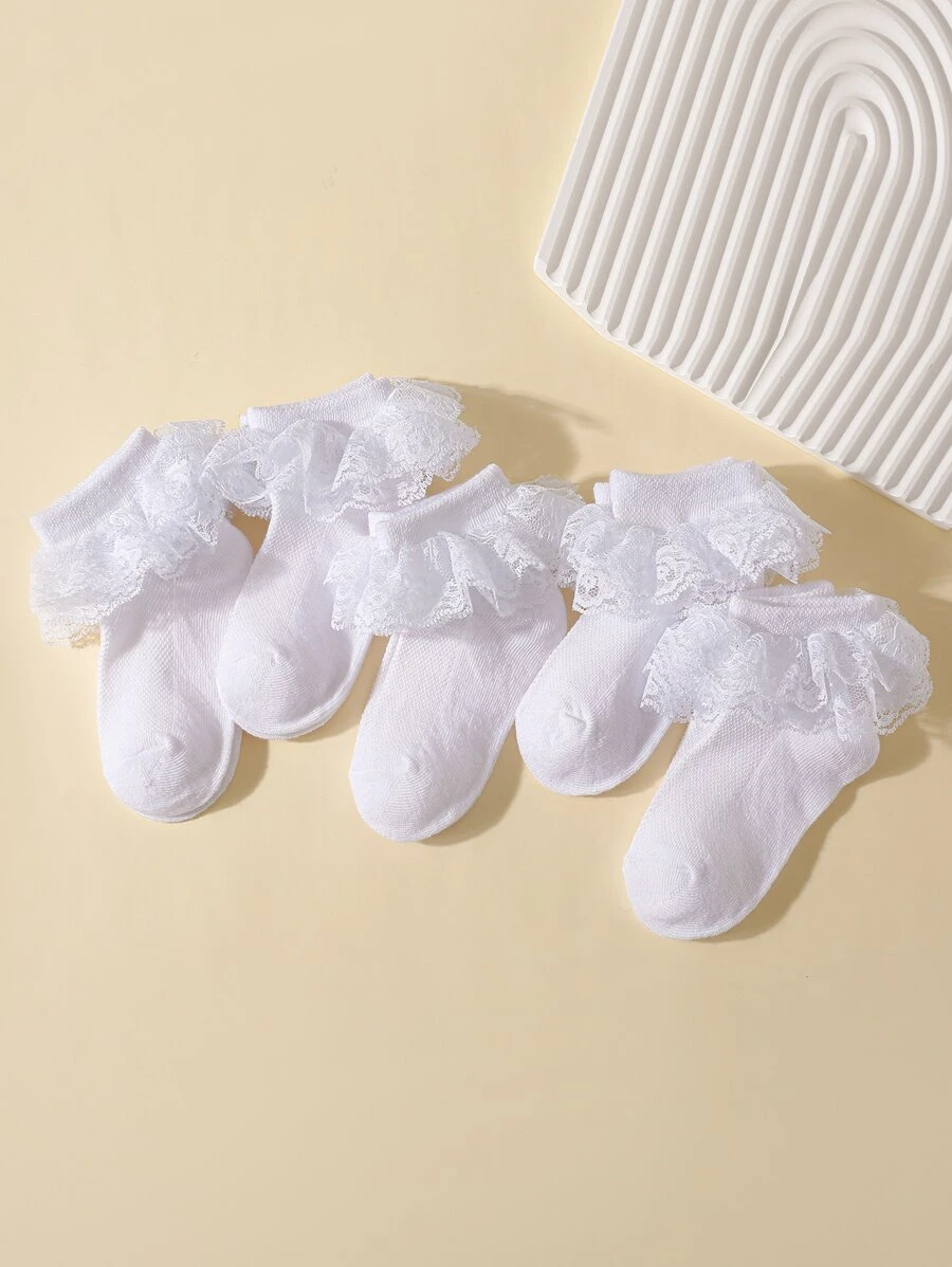 Niñas 5 pares Calcetines de tripulación ribete con fruncido - Blanco - Ver 1