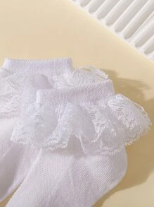 Niñas 5 pares Calcetines de tripulación ribete con fruncido - Blanco - Ver 5