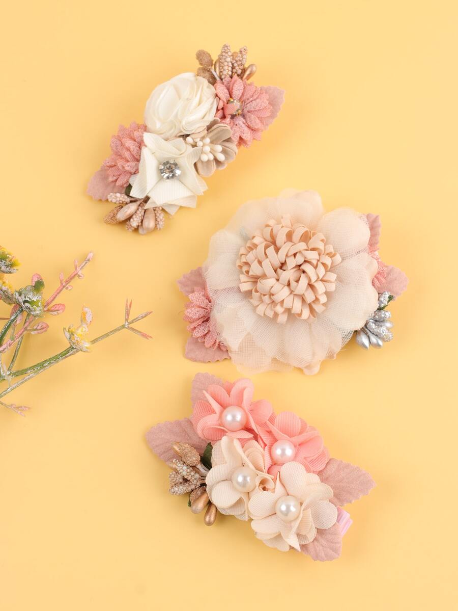 3pcs Girls Flower Decor Hair Clip - Multicolor - View 1