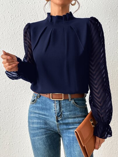 SHEIN Frenchy Frilled Neck Flounce Sleeve Blouse,Long Sleeve Tops Winter Casual Blue Spring