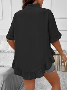 SHEIN LUNE Áo sơ mi Plus Size Xù Viên lá sen Nút phía trước màu trơn Giải trí - màu đen - Xem 2