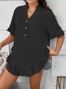 SHEIN LUNE Áo sơ mi Plus Size Xù Viên lá sen Nút phía trước màu trơn Giải trí - màu đen - Xem 3