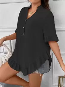 SHEIN LUNE Áo sơ mi Plus Size Xù Viên lá sen Nút phía trước màu trơn Giải trí - màu đen - Xem 5