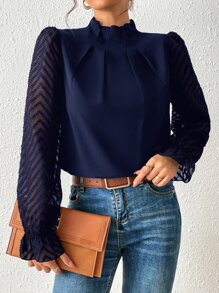 SHEIN Frenchy 荷叶边领口荷叶边袖衬衫，长袖上衣 - 藏蓝色 - 查看 6