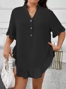 SHEIN LUNE Áo sơ mi Plus Size Xù Viên lá sen Nút phía trước màu trơn Giải trí - màu đen - Xem 7