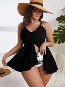 SHEIN Swim Curve Plus Size Tropical Print Tankini Set Adjustable Strap Flowy Cami Top & Bikini Bottom 2 Pieces Bathing Suit Summer - Black - View 6