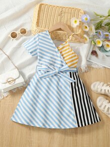Toddler Girls Striped Print Asymmetrical Neck Dress - Multicolor - View 1