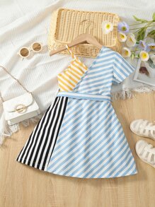 Toddler Girls Striped Print Asymmetrical Neck Dress - Multicolor - View 2
