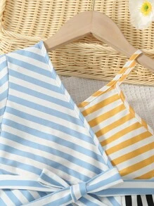 Toddler Girls Striped Print Asymmetrical Neck Dress - Multicolor - View 4