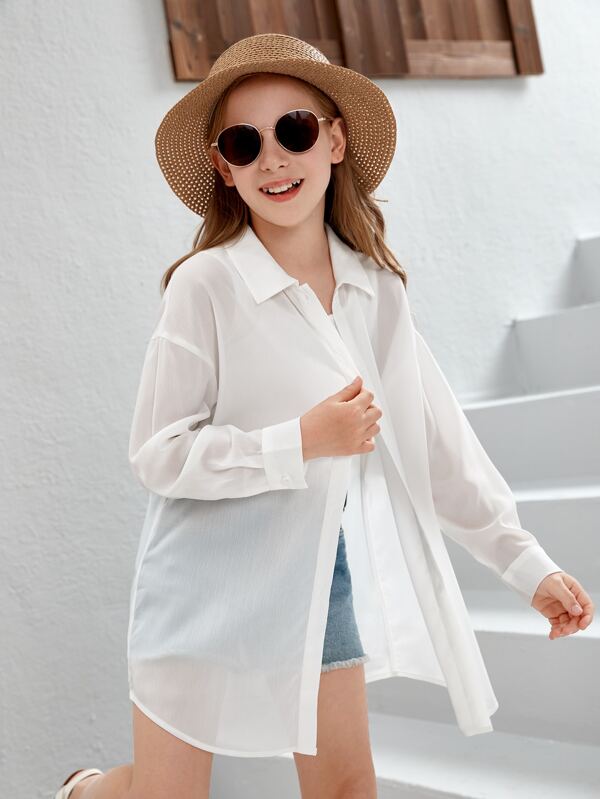 SHEIN Tween Girl Drop Shoulder Button Front Drop Shoulder Shirt