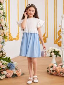 SHEIN 女孩雙色荷葉邊娃娃裙 - 藍白色 - 查看 3