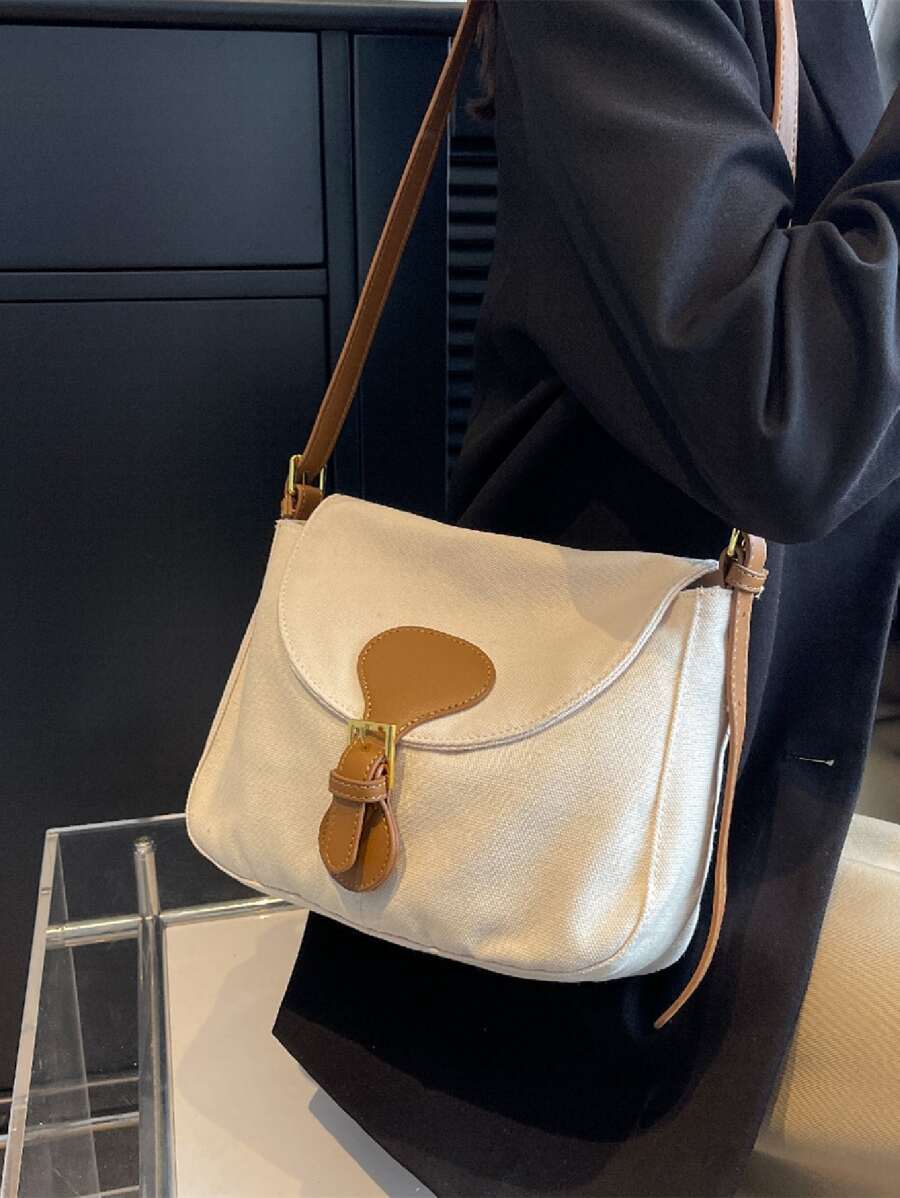 帶扣裝飾翻蓋方形包書包適合畢業生、青少年女孩、新生、大二、初中和高中學生、大學和高中，非常適合戶外、旅行和返校 - 米色 - 查看 1