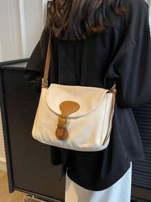 帶扣裝飾翻蓋方形包書包適合畢業生、青少年女孩、新生、大二、初中和高中學生、大學和高中，非常適合戶外、旅行和返校 - 米色 - 查看 2