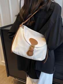 帶扣裝飾翻蓋方形包書包適合畢業生、青少年女孩、新生、大二、初中和高中學生、大學和高中，非常適合戶外、旅行和返校 - 米色 - 查看 3