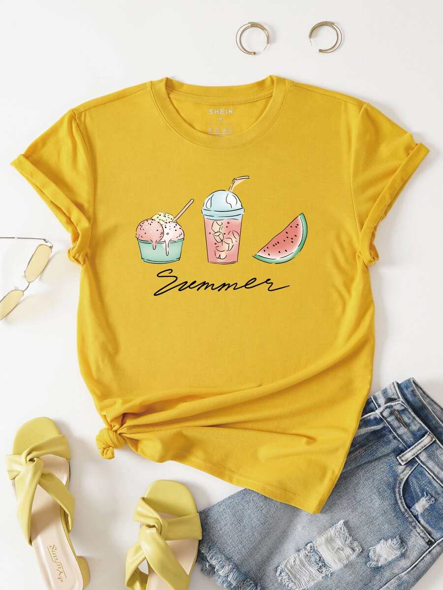 SHEIN Essnce Watermelon And Letter Graphic Tee - Yellow - View 1