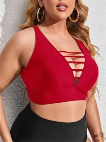 SHEIN Swim Curve Plus Size Bikini Tops Criss Cross Memotong Plain - Merah - View 3