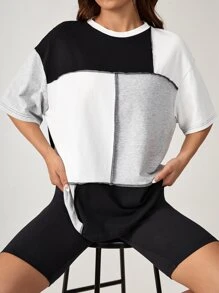 SHEIN EZwear 撞色頂針落肩T恤 - 彩色 - 查看 4