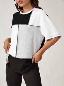 SHEIN EZwear 撞色頂針落肩T恤 - 彩色 - 查看 3