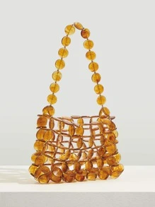 SHEIN VCAY Túi vai cườm đính Khối Màu Đúng mốt - màu nâu - Xem 2