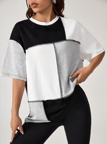 SHEIN EZwear 撞色頂針落肩T恤 - 彩色 - 查看 1