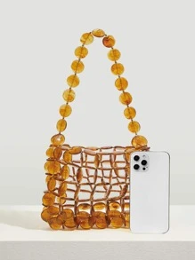 SHEIN VCAY Túi vai cườm đính Khối Màu Đúng mốt - màu nâu - Xem 5