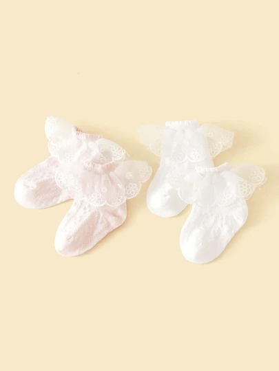 2雙嬰兒蕾絲拼接荷葉邊短襪