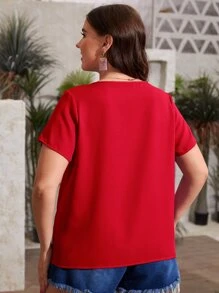 SHEIN LUNE Plus Press Crease Notched Neck Blouse - Red - View 2