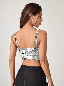 SHEIN EZwear Newspaper Print Crop Cami Top - Black and White - View 2