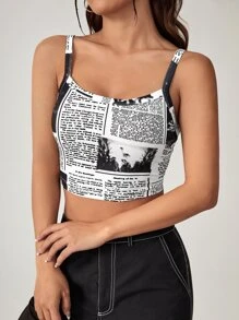 SHEIN EZwear Newspaper Print Crop Cami Top - Black and White - View 3