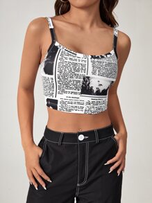 SHEIN EZwear Newspaper Print Crop Cami Top - Black and White - View 4