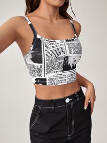 SHEIN EZwear Newspaper Print Crop Cami Top - Black and White - View 5