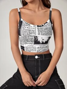 SHEIN EZwear Newspaper Print Crop Cami Top - Black and White - View 6