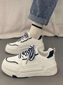 Women Lace Up Contrast Panel Skate Shoes, Sporty Outdoor White Color Block Sneakers - White - View 1