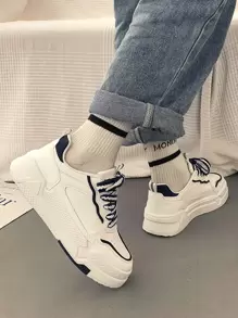 Women Lace Up Contrast Panel Skate Shoes, Sporty Outdoor White Color Block Sneakers - White - View 2