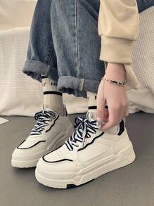 Women Lace Up Contrast Panel Skate Shoes, Sporty Outdoor White Color Block Sneakers - White - View 3
