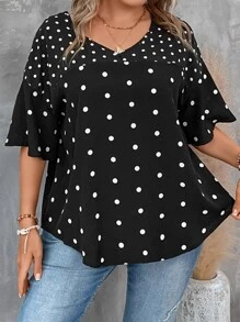 SHEIN LUNE Blusa con estampado de lunares de manga con volante - Negro - Ver 1