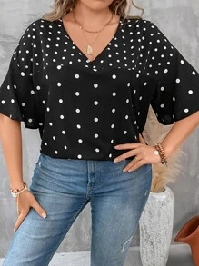 SHEIN LUNE Blusa con estampado de lunares de manga con volante - Negro - Ver 3