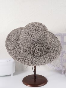 Flower Decor Straw Hat - Grey - View 1