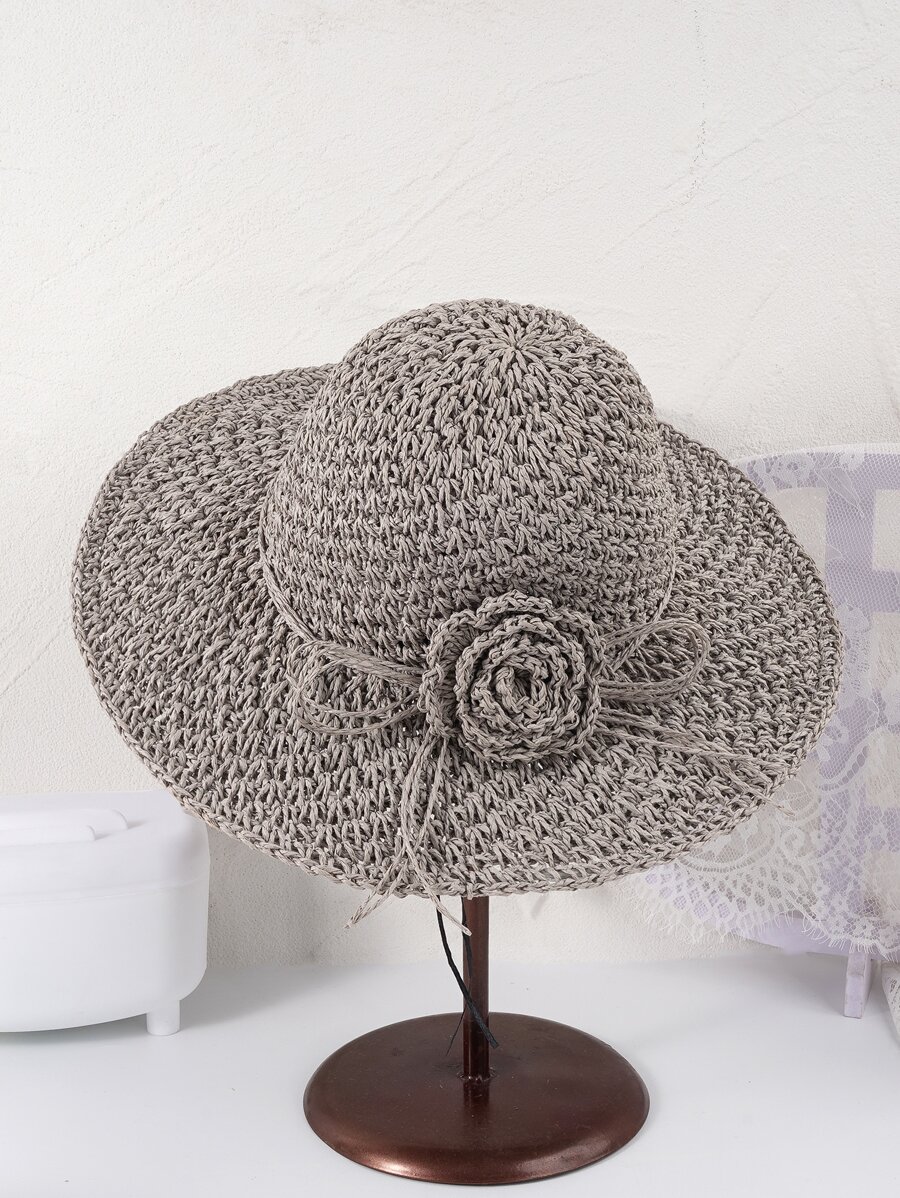 Flower Decor Straw Hat - Grey - View 1